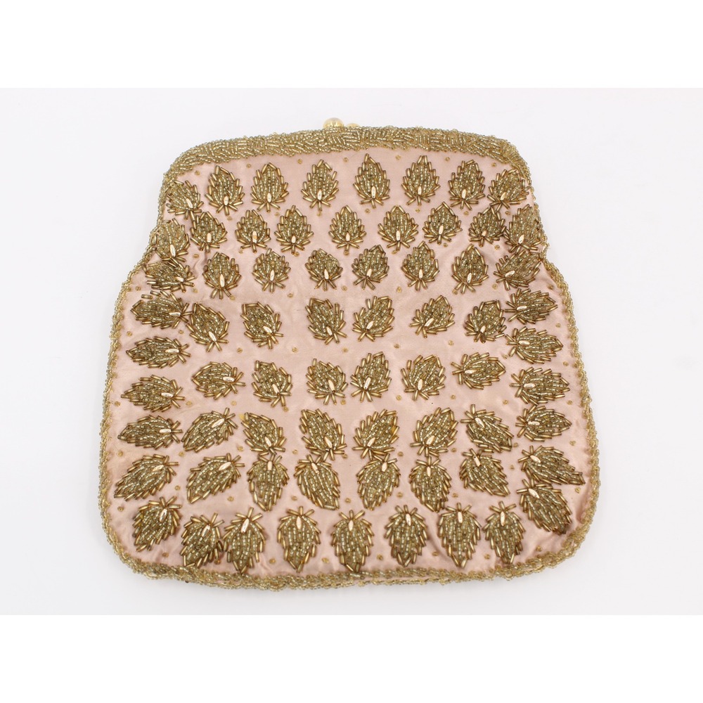 Vintage Monet Custom Tailors Pink Satin Gold Beaded Leaf Evening Clutch Bag